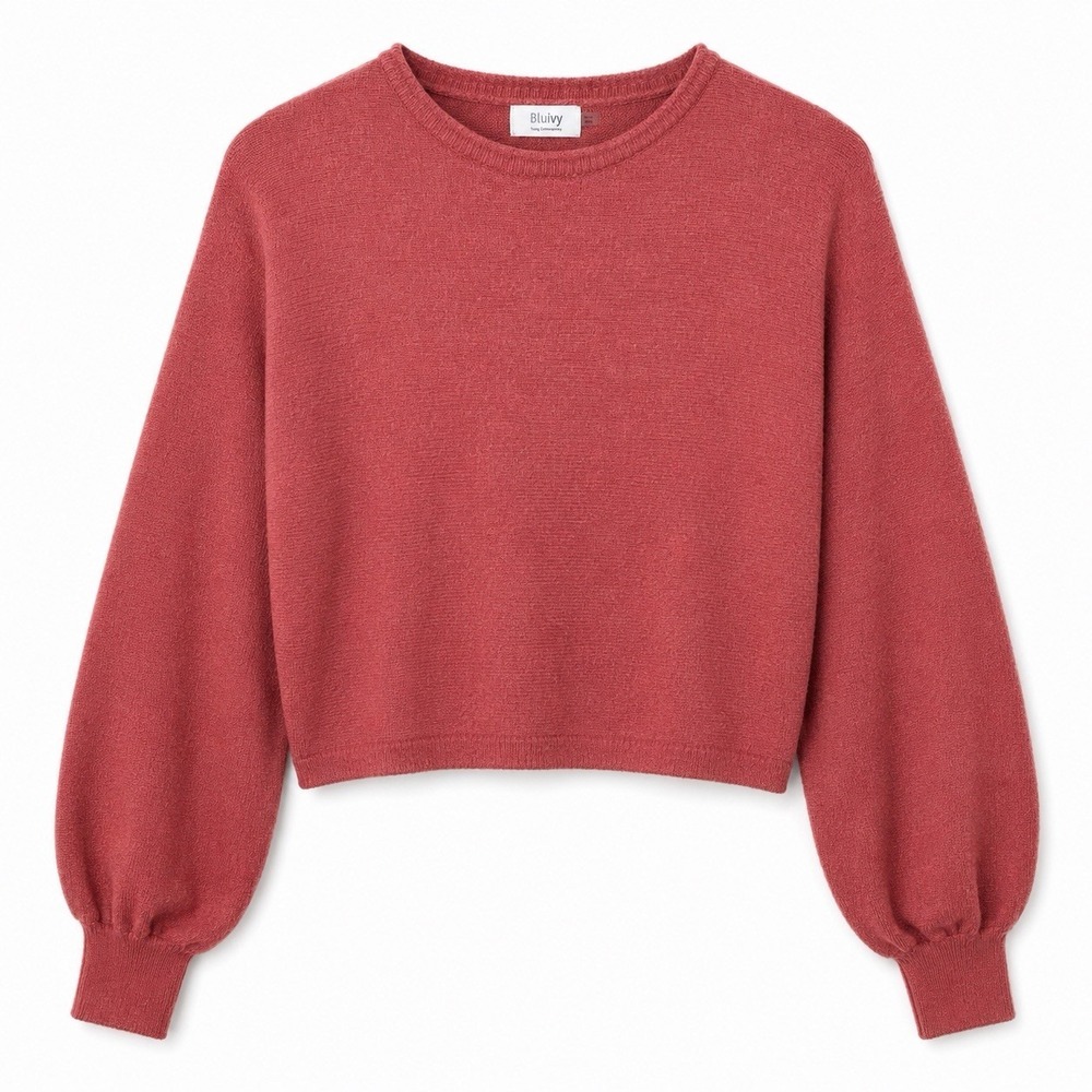 Blu Ivy Women's Small Balloon Sleeve Sweater Rose Pink Soft Knit Cropped Top